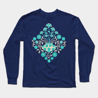 DREAMY DAMASK Cottagecore Floral Botanical Damask with Vase Turquoise Teal Cream - UnBlink Studio by Jackie Tahara Long Sleeve T-Shirt